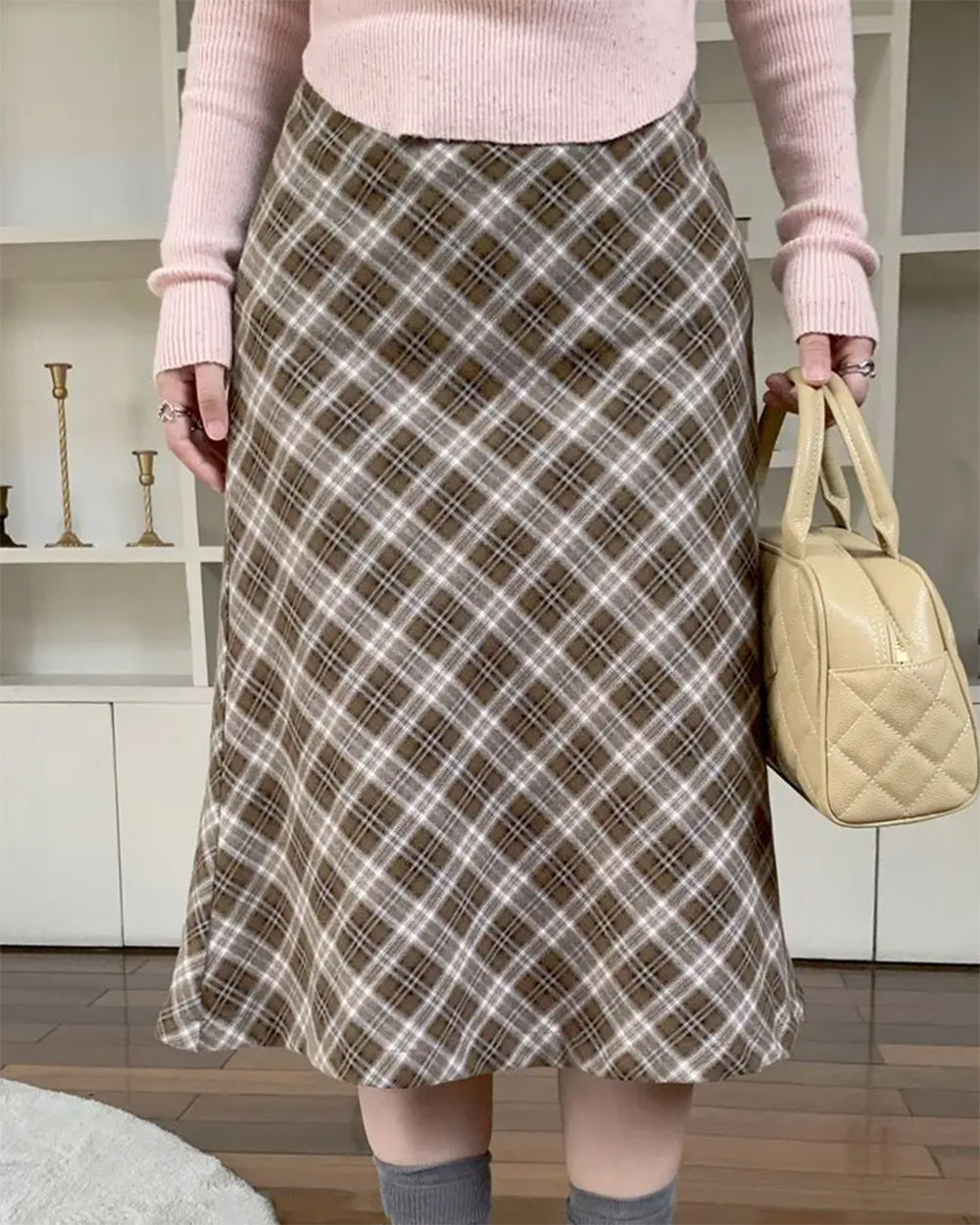 brown plaid midi skirt boogzel clothing