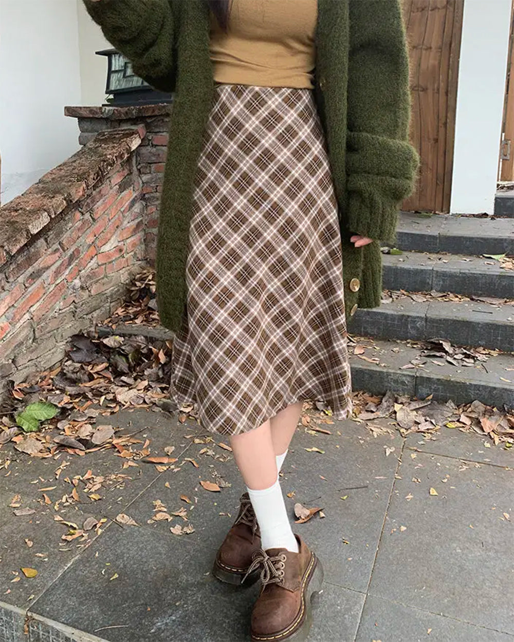 brown plaid midi skirt boogzel clothing