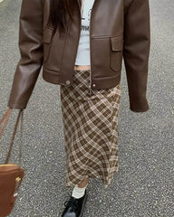 brown plaid midi skirt boogzel clothing