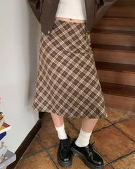 brown plaid midi skirt boogzel clothing