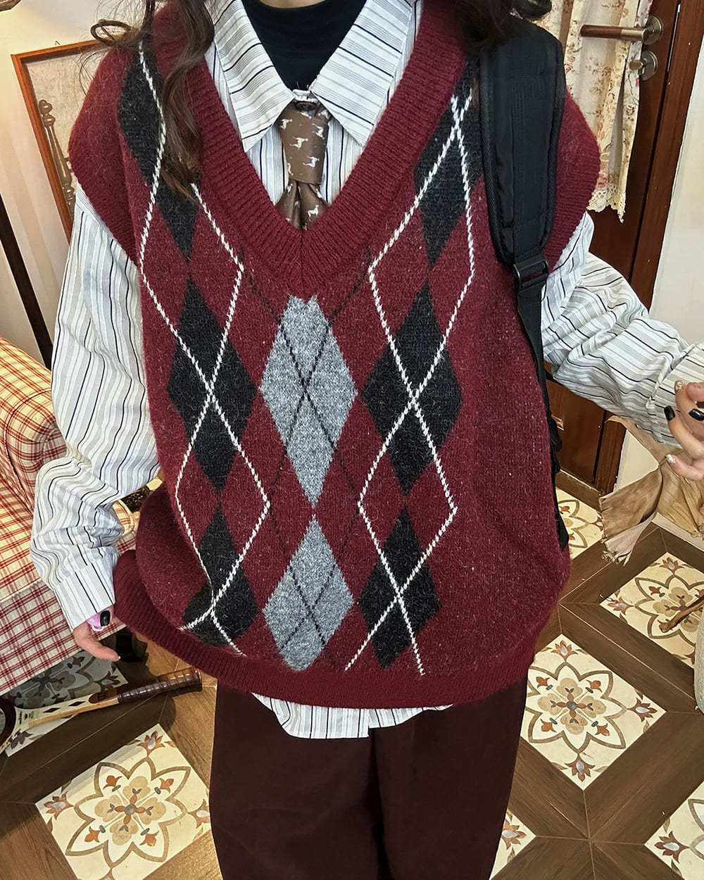 burgundy and gray argyle knit vest boogzel clothing