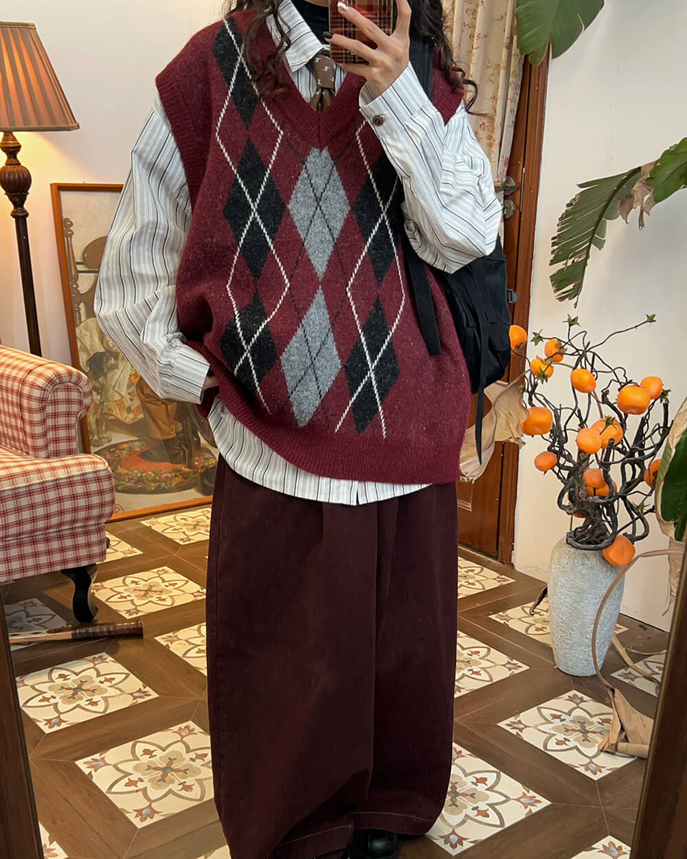 burgundy and gray argyle knit vest boogzel clothing