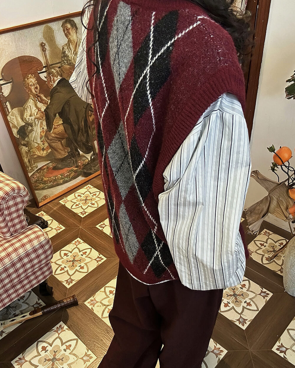 burgundy and gray argyle knit vest boogzel clothing
