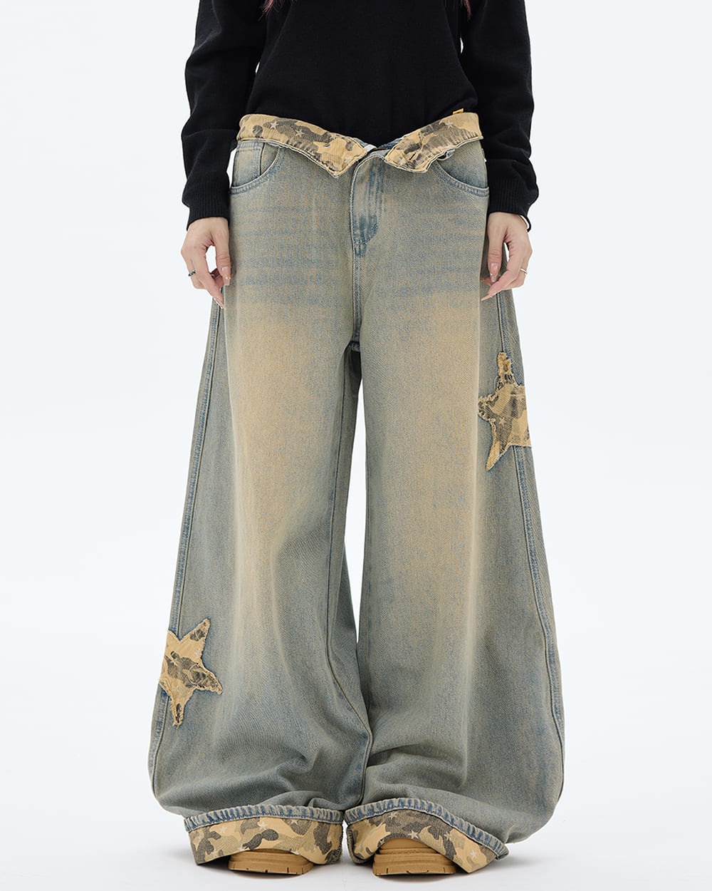 camouflage star wide leg jeans boogzel clothing