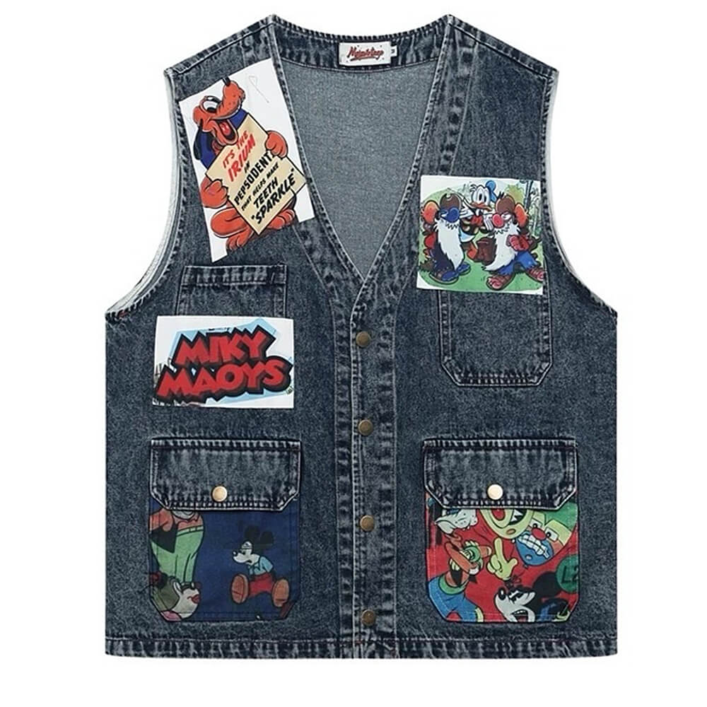 cartoon patches 90s denim vest boogzel clothing