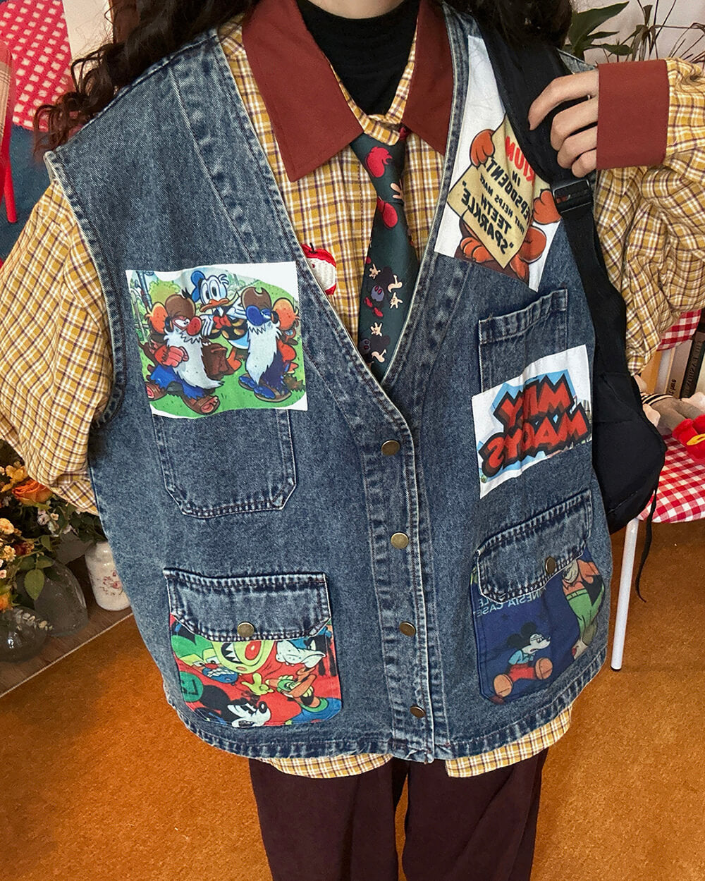 cartoon patches 90s denim vest boogzel clothing