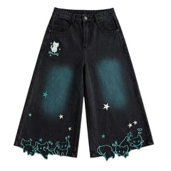 cat print denim shorts boogzel clothing