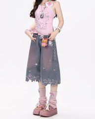 cat print denim shorts boogzel clothing