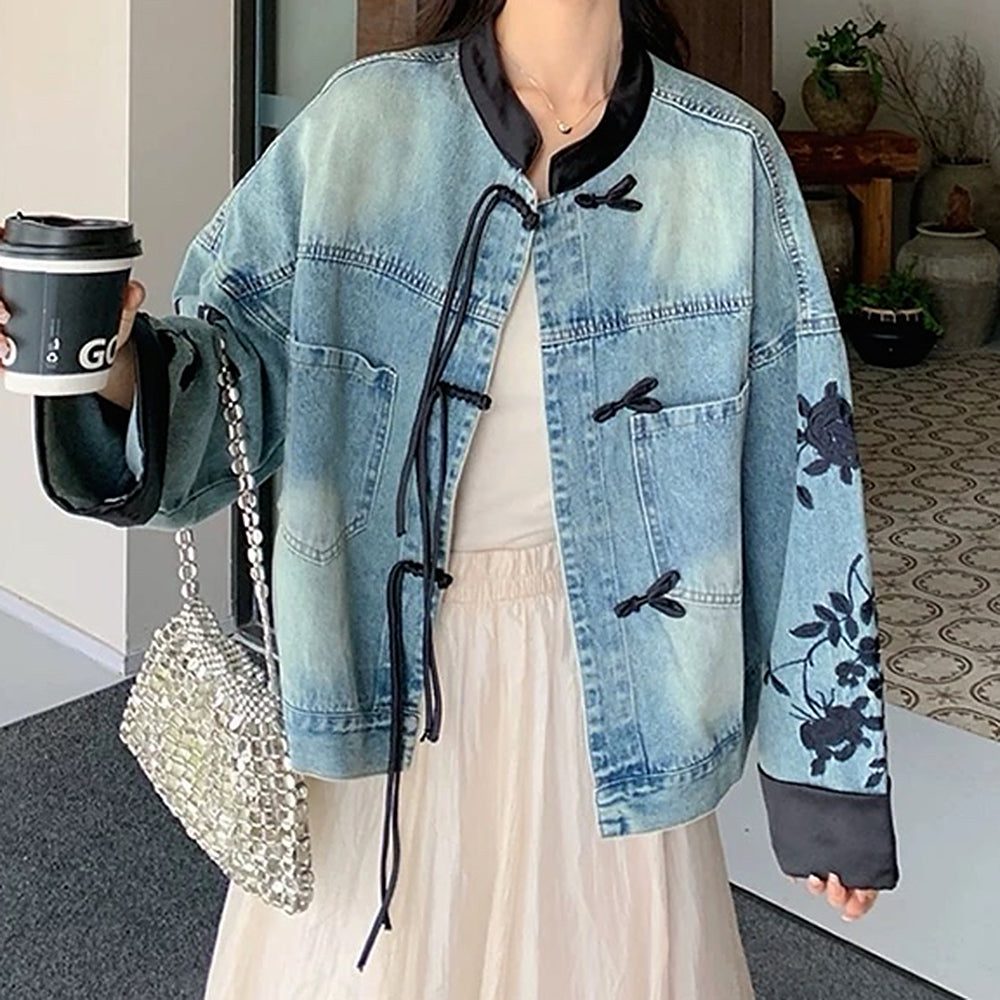 chinese style embroidered denim jacket boogzel clothing