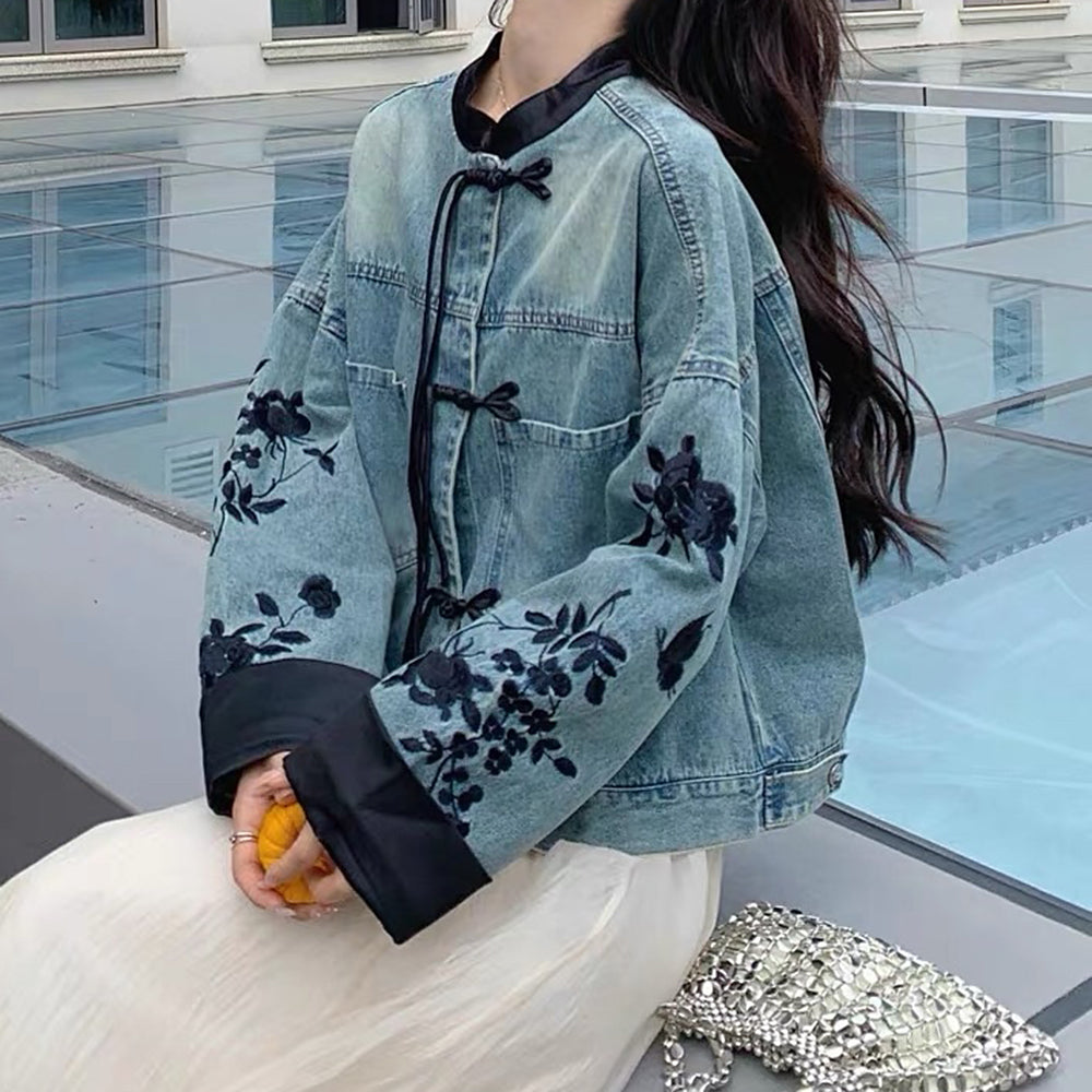 chinese style embroidered denim jacket boogzel clothing
