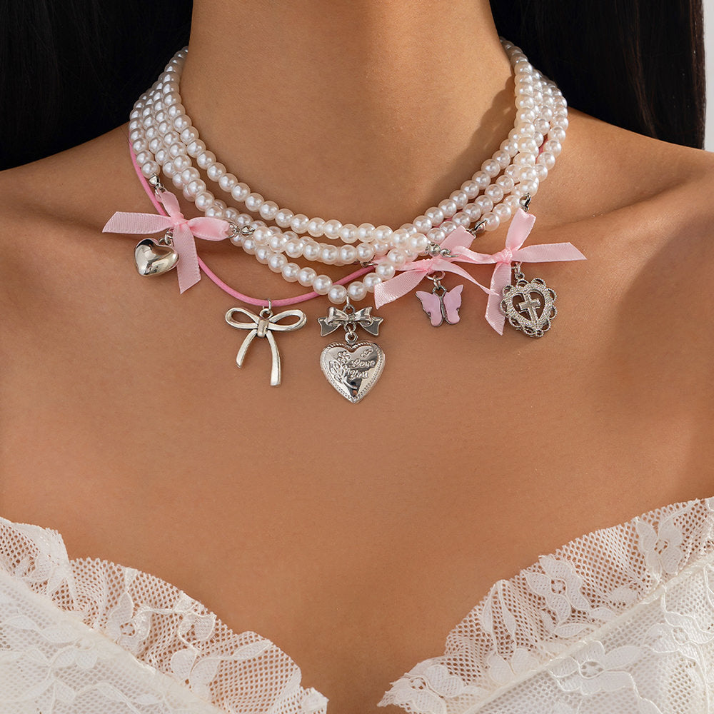 coquette pearl layered necklace set boogzel clothing