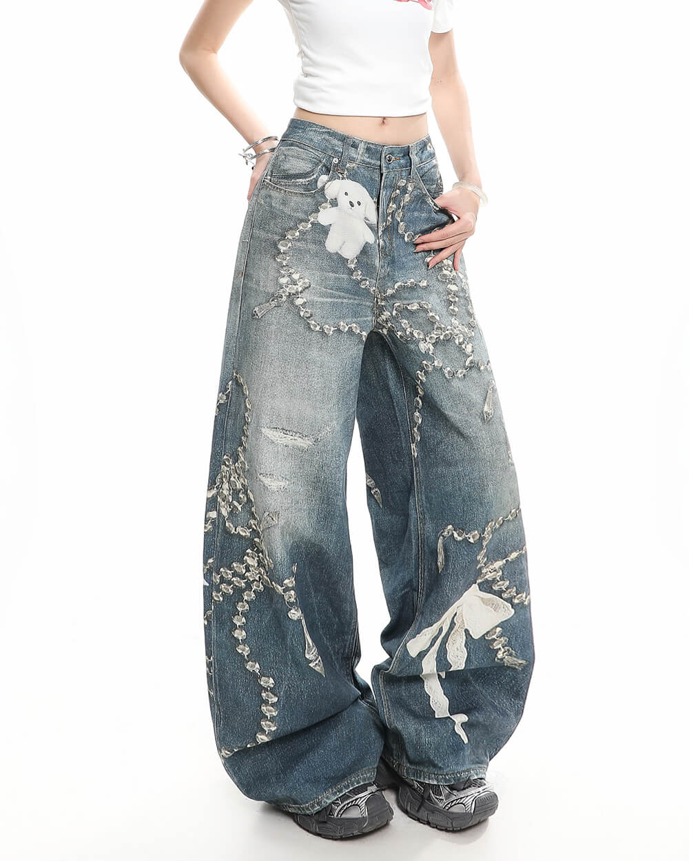 coquette bow chain print jeans boogzel clothing