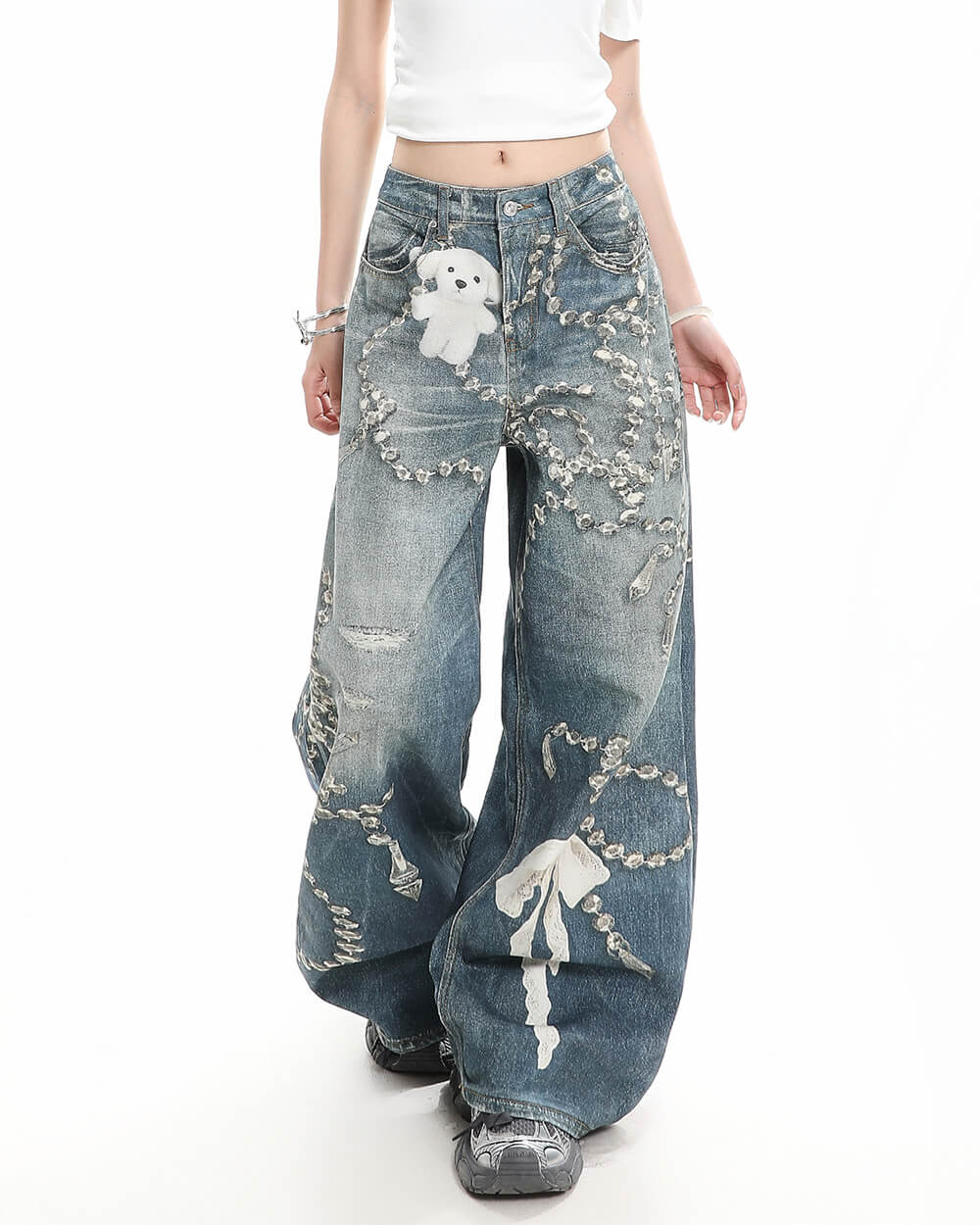 coquette bow chain print jeans boogzel clothing