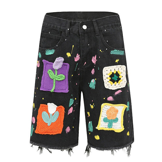 Indie Aesthetic Crochet Flower Denim Shorts - boogzel clothing