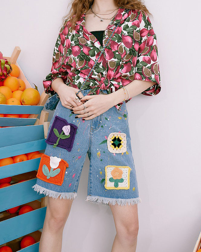Indie Aesthetic Crochet Flower Denim Shorts - boogzel clothing