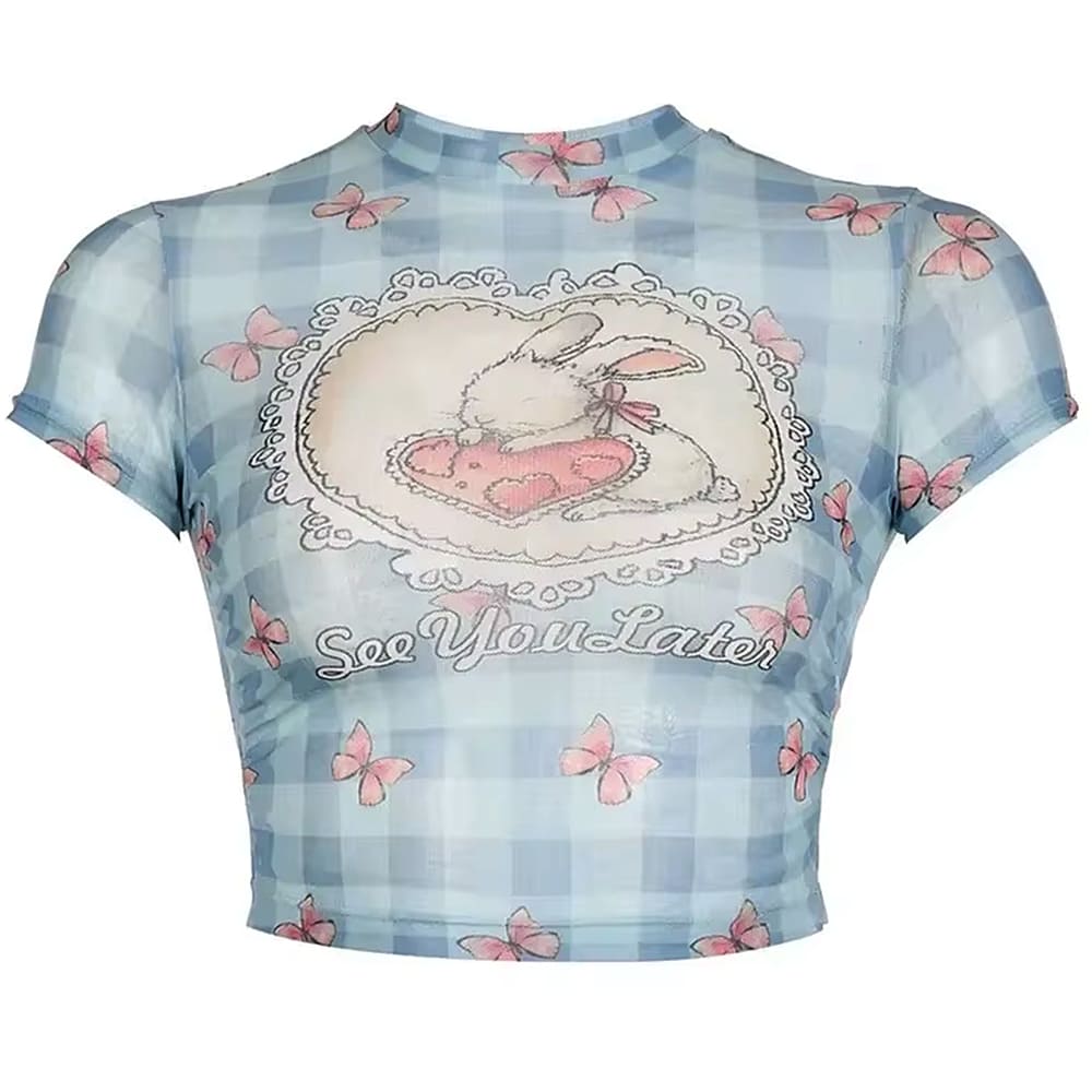 cute bunny print mesh top boogzel clothing