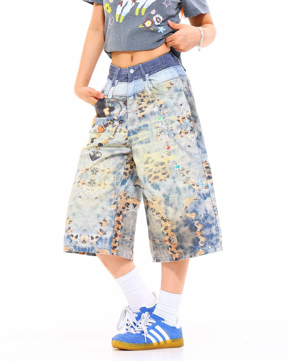 cute chain print denim shorts boogzel clothing
