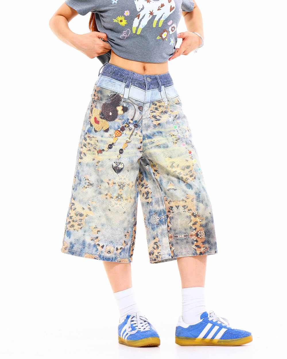 cute chain print denim shorts boogzel clothing