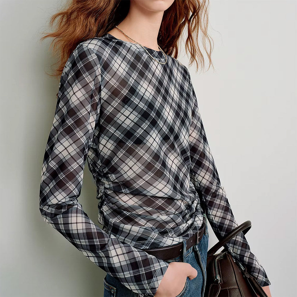 diagonal plaid long sleeve mesh top boogzel clothing