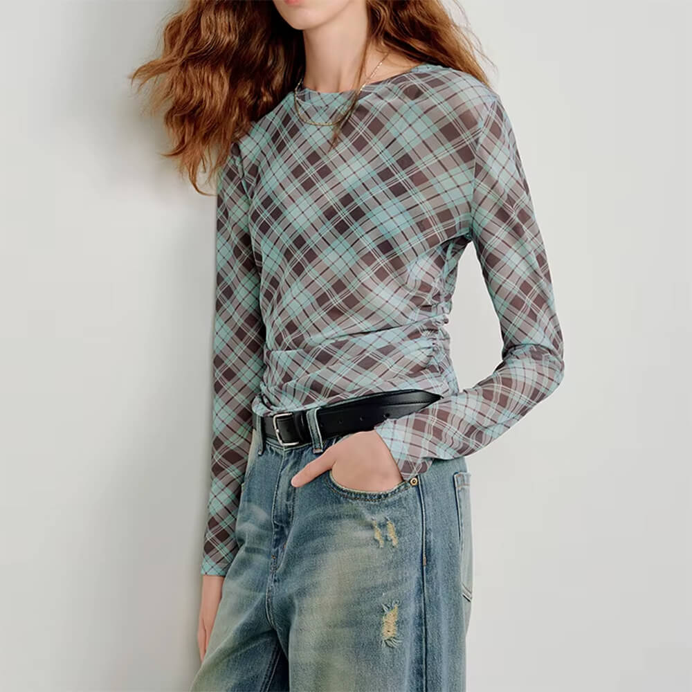 diagonal plaid long sleeve mesh top boogzel clothing