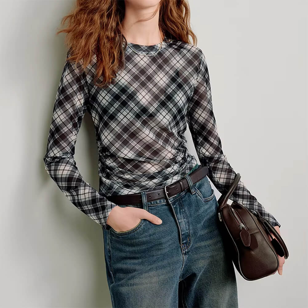 diagonal plaid long sleeve mesh top boogzel clothing
