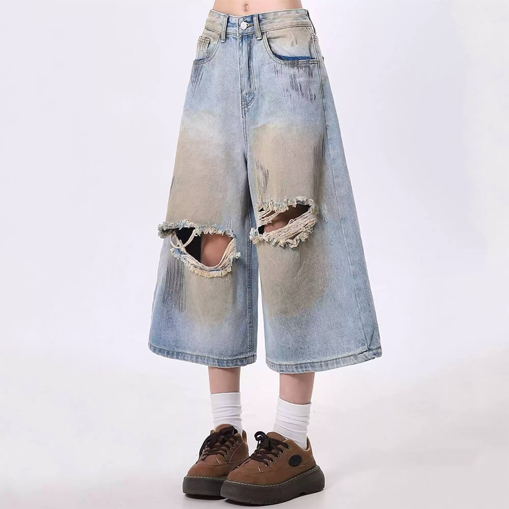 distressed baggy denim shorts boogzel clothing