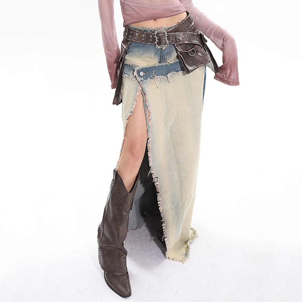 distressed denim maxi skirt boogzel clothing