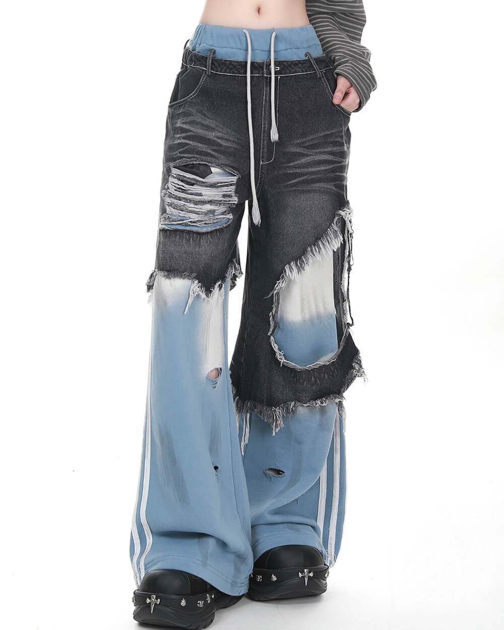 distressed double effect layered jeans boogzel clothing