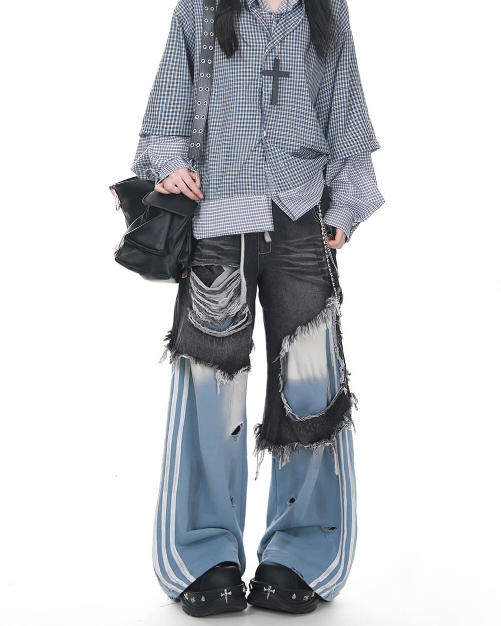 distressed double effect layered jeans boogzel clothing