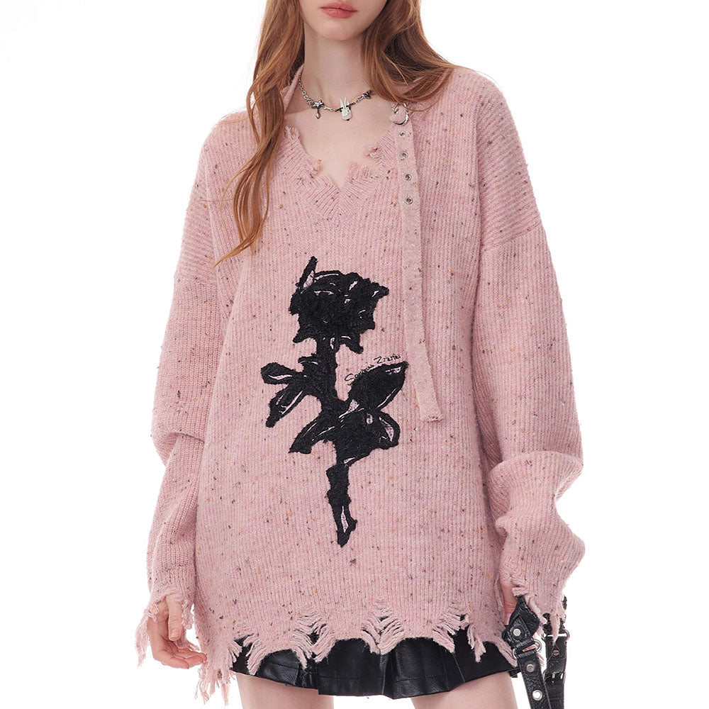 This Grunge Aesthetic pink Sweater features a distressed black knit with a bold rose print and frayed hem details - boogzel clothing