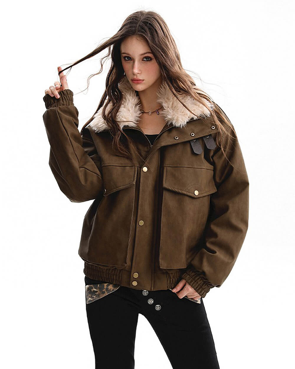 faux fur aviator jacket y2k boogzel clothing