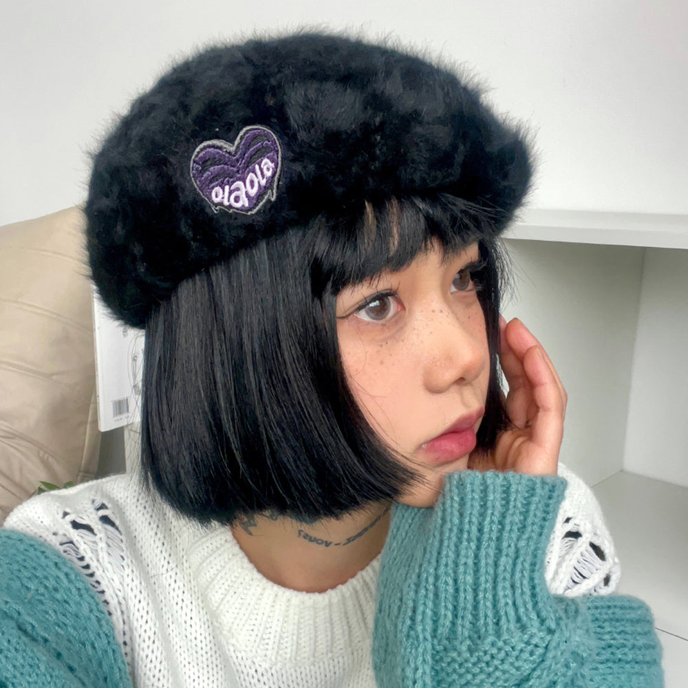 fluffy beret with heart patch boogzel clothing