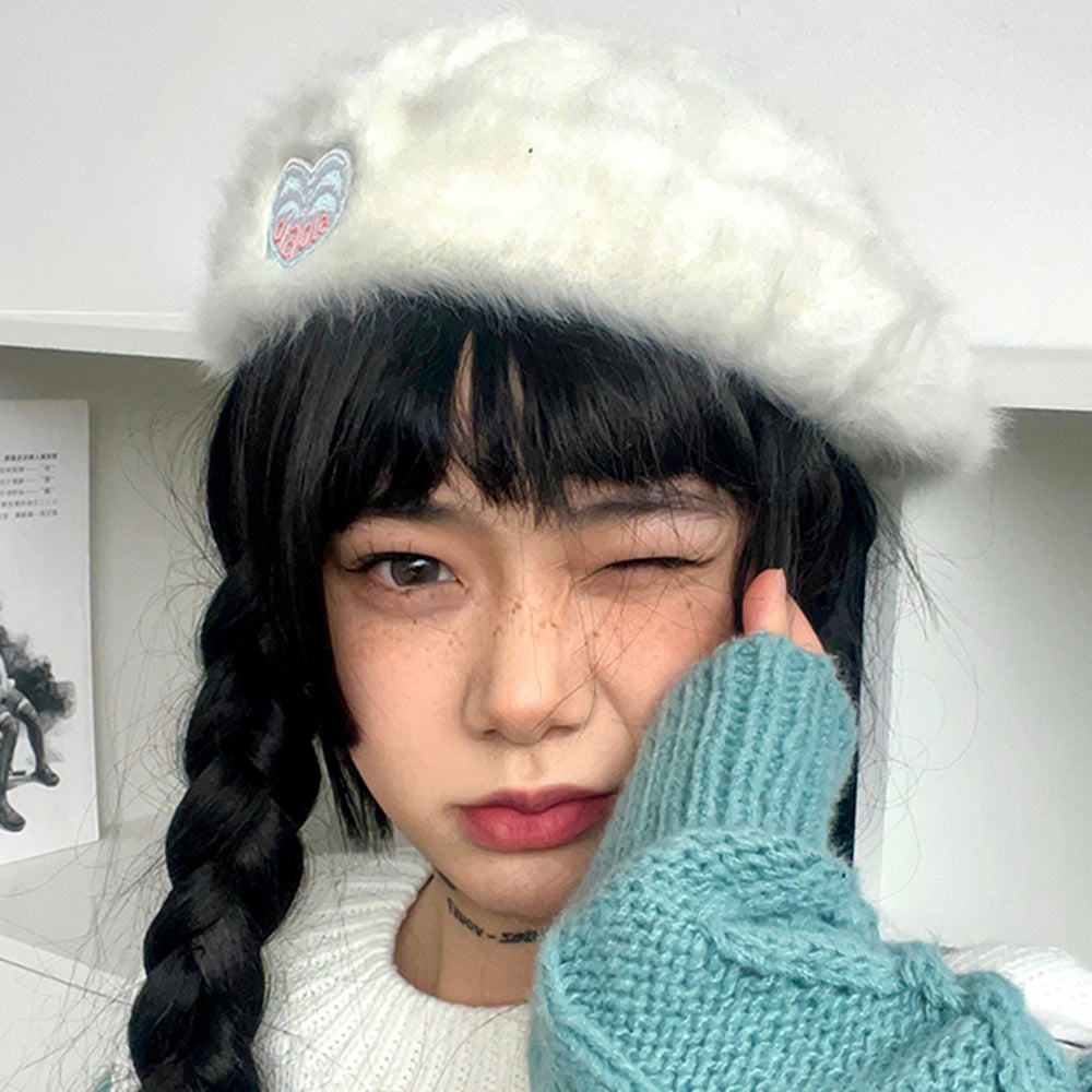 fluffy beret with heart patch boogzel clothing