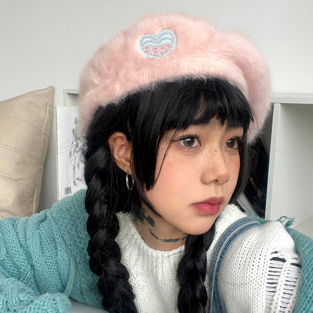 fluffy beret with heart patch boogzel clothing