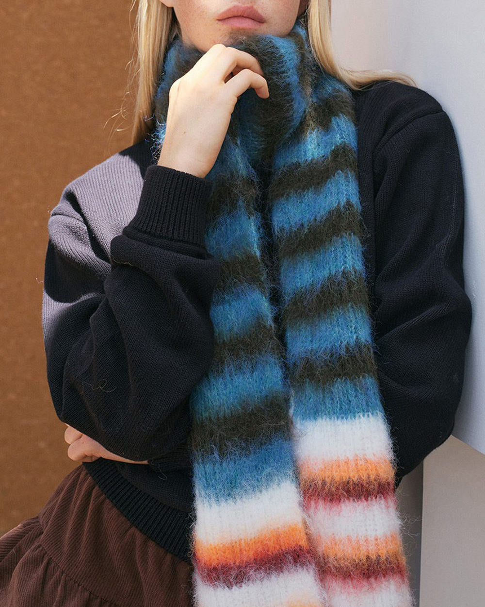 frazzled english woman striped scarf boogzel clothing