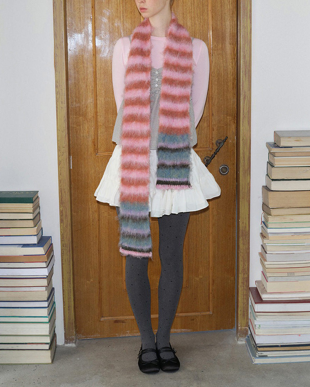 frazzled english woman striped scarf boogzel clothing