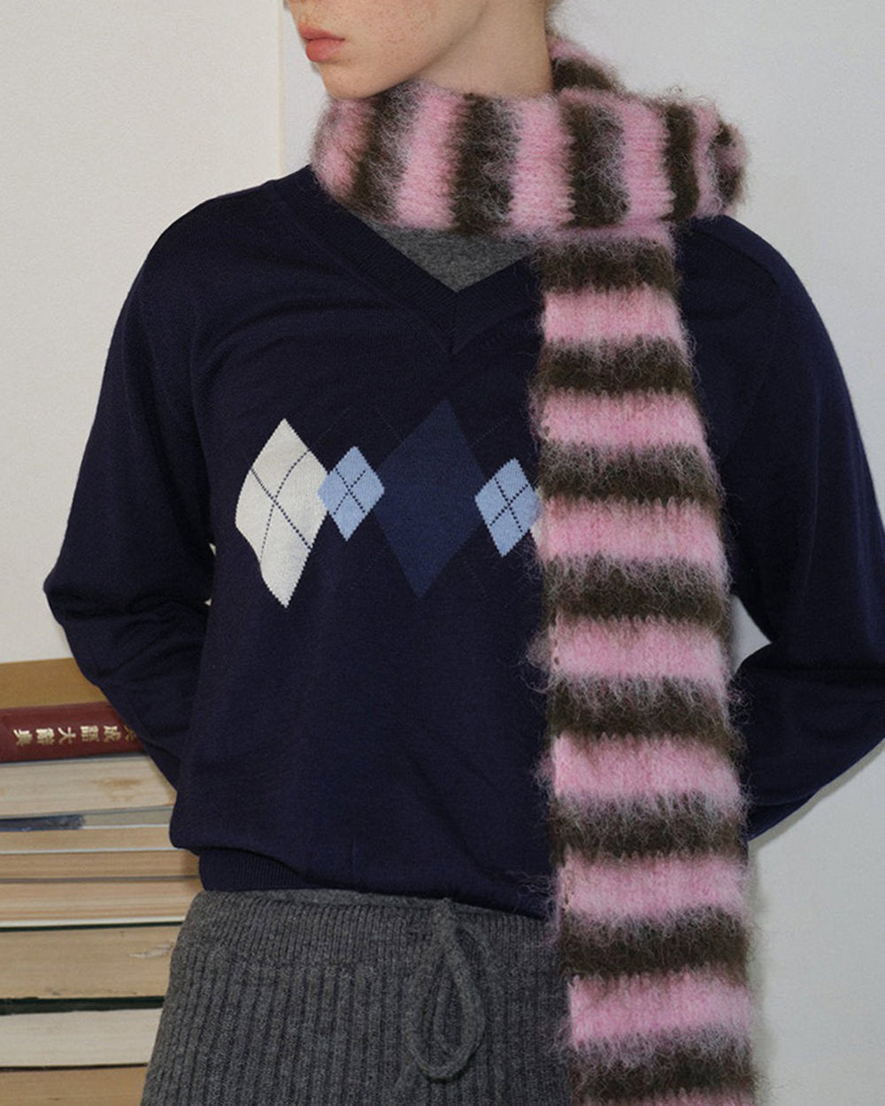 frazzled english woman striped scarf boogzel clothing