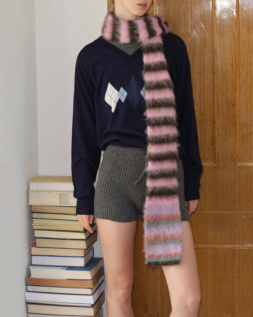 frazzled english woman striped scarf boogzel clothing
