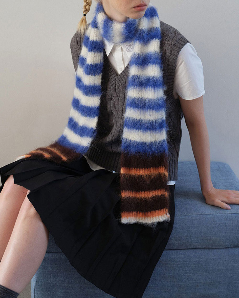 frazzled english woman striped scarf boogzel clothing