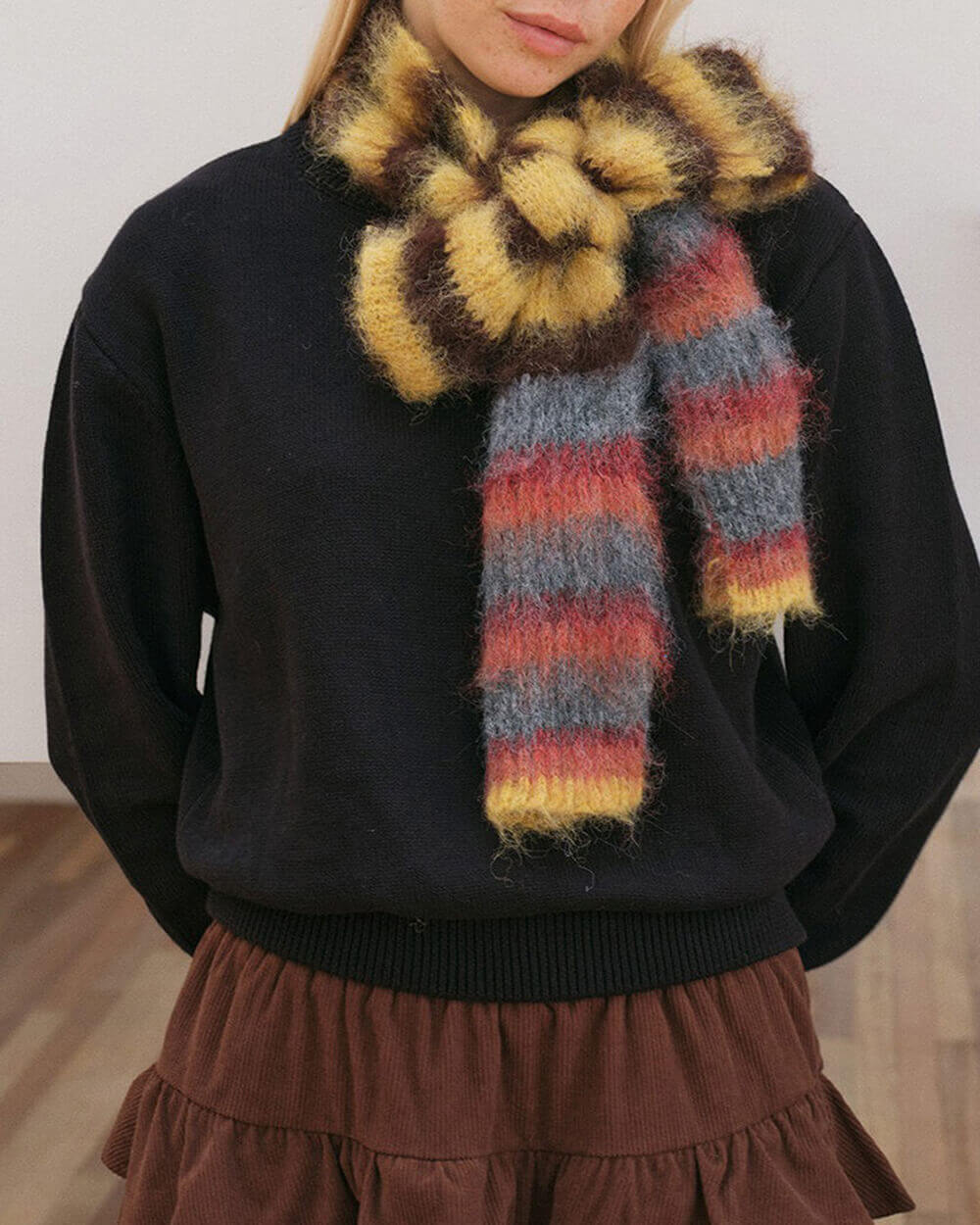 frazzled english woman striped scarf boogzel clothing