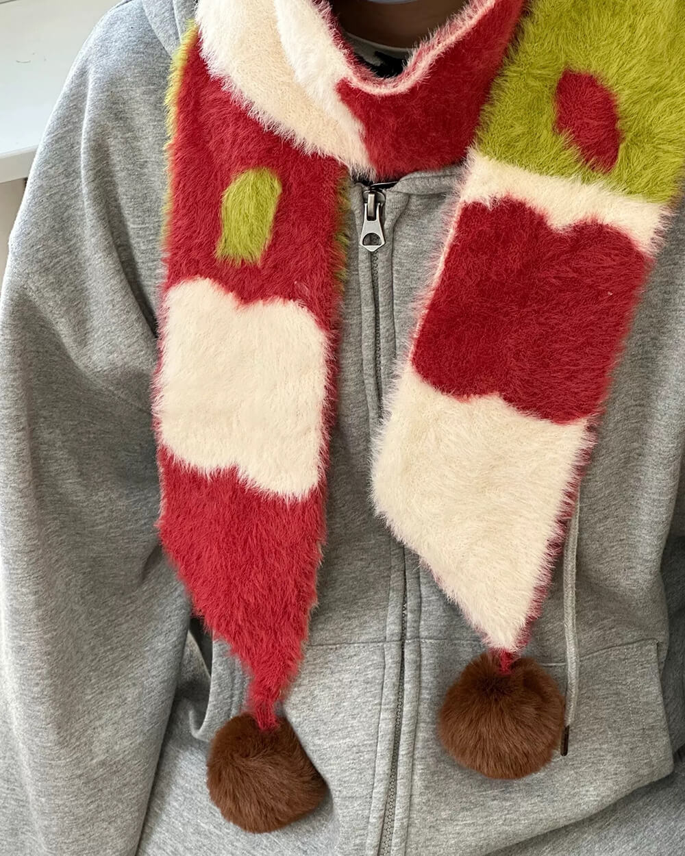 fuzzy apple pattern knit scarf boogzel clothing