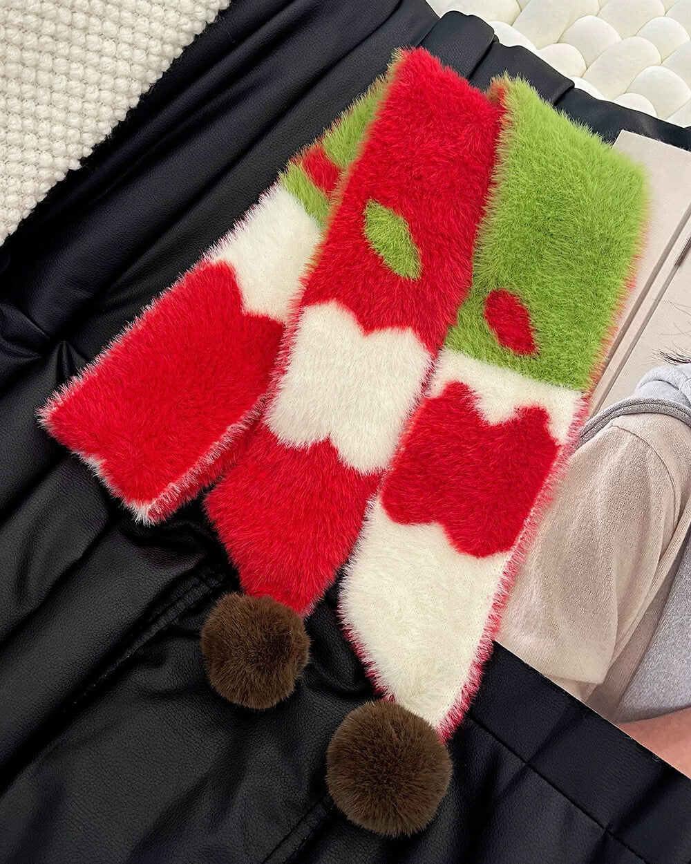fuzzy apple pattern knit scarf boogzel clothing