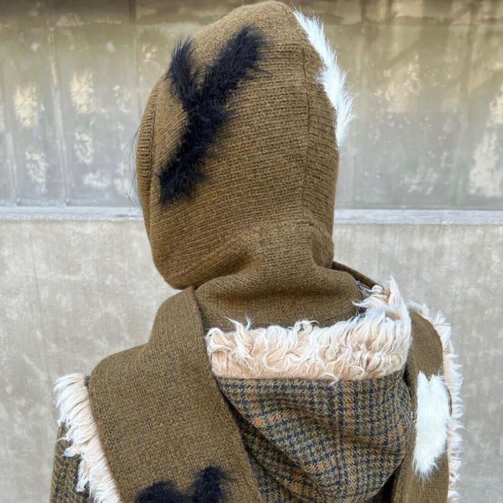 fuzzy heart knit hooded scarf boogzel clothing