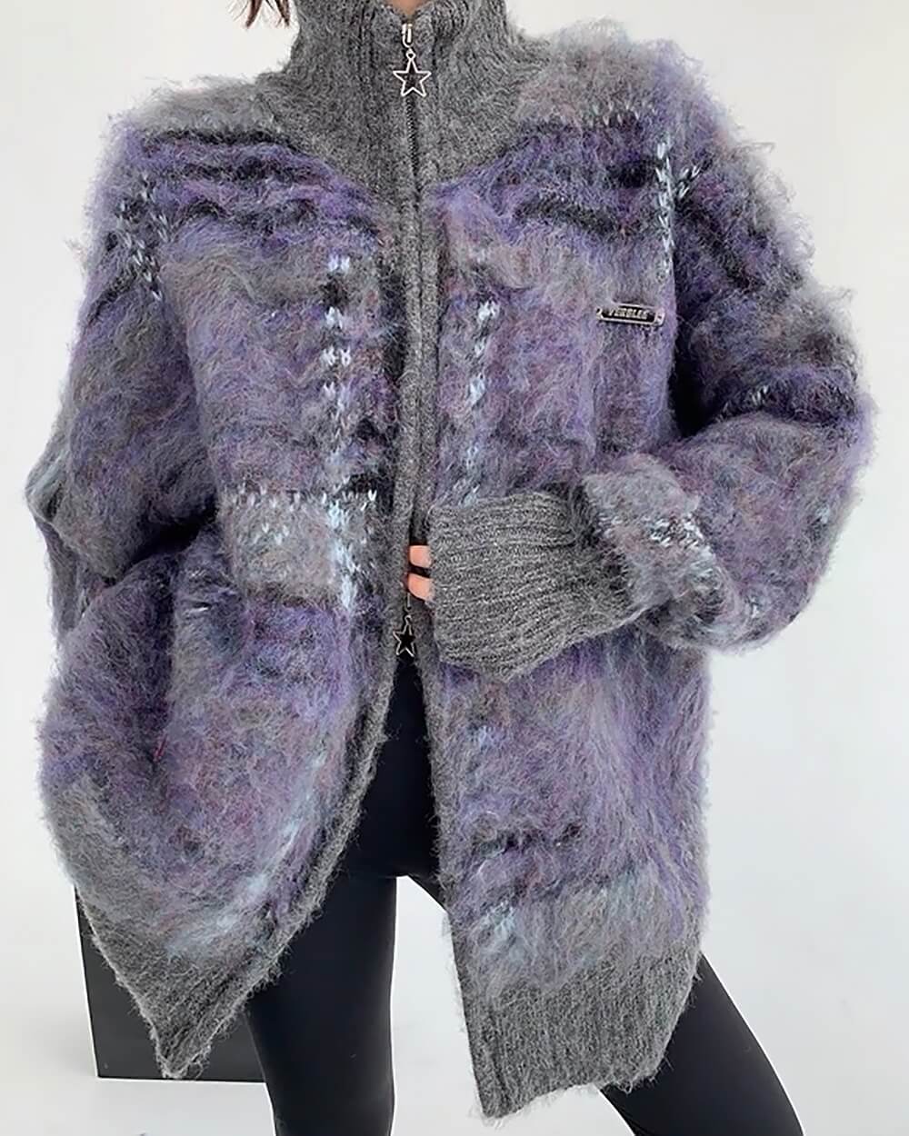 fuzzy plaid zip up sweater boogzel clothing
