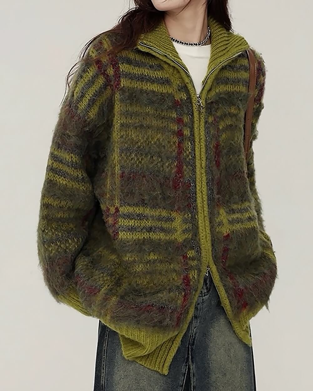fuzzy plaid zip up sweater boogzel clothing