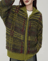fuzzy plaid zip up sweater boogzel clothing