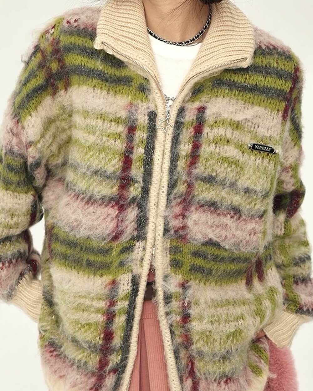 fuzzy plaid zip up sweater boogzel clothing