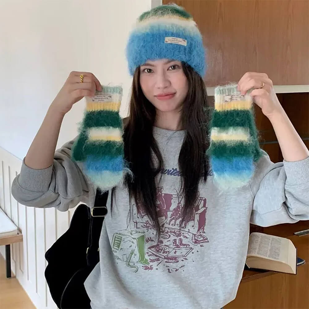 fuzzy striped beanie hat and gloves set boogzel clothing