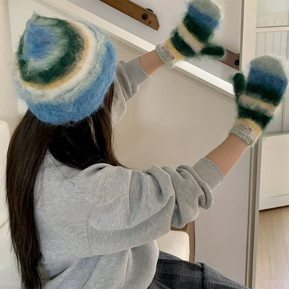 fuzzy striped beanie hat and gloves set boogzel clothing