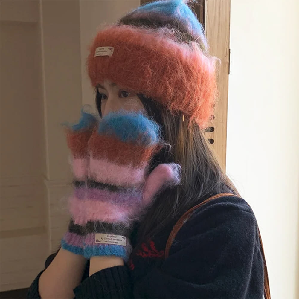 fuzzy striped beanie hat and gloves set boogzel clothing